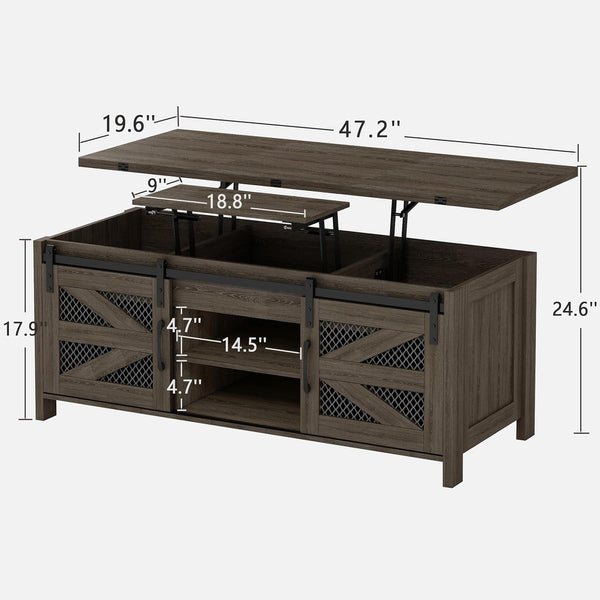 Linor 47.2" Lift Top Coffee Table, 4 in 1 Farmhouse Coffee Tables with Sliding Barn Door, Gray