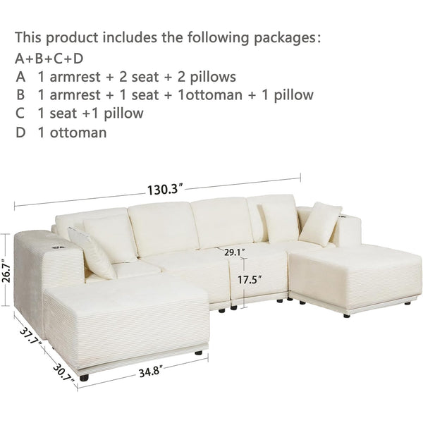 Akaber 130" Modular Sectional Sofa with U-Shape Chaise, 4-Seater Comfy Cloud Couch with Movable Ottoman, Deep Seat Couches for Living Room with Throw Pillows, White