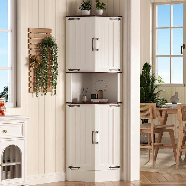 65" Tall Corner Cabinet with Doors, Akaber White Storage Cabinet Farmhouse Style, 4-Door 6-Shelf Corner Bookcase for Kitchen, Living Room, Hallway