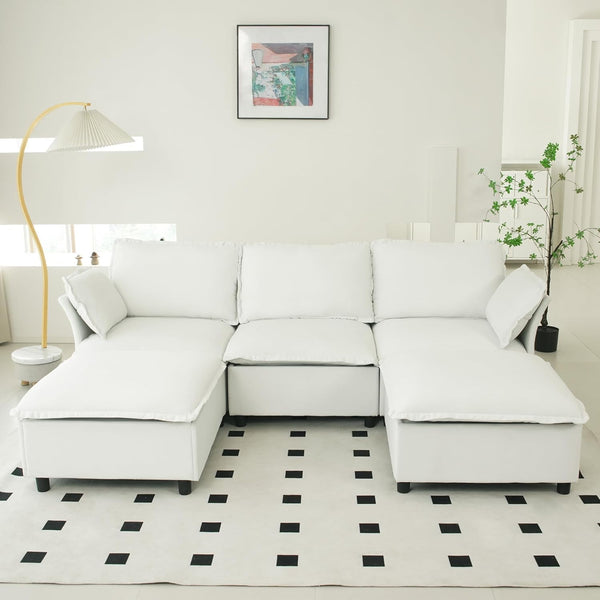 Akaber 100" U-Shaped Cloud Sectional Sofa, Modular Velvet Convertible Sofa Bed with Storage,Plush Living Room Couch (White)