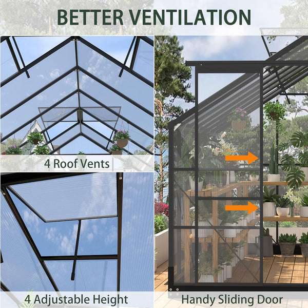 Pipleo 8x14.2 FT Outdoor Greenhouse, Heavy Duty Walk-In Green House with Polycarbonate Panels, UV Protection & Windproof Aluminum Frame, 2 Adjustable Roof Vent with Sliding Door