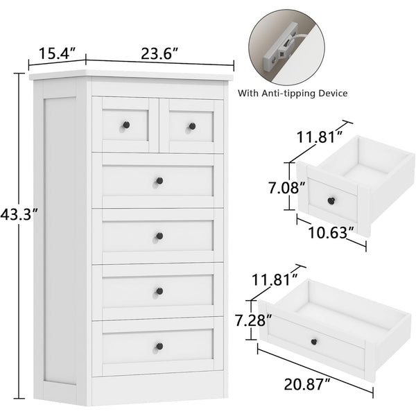 Akaber 6 Drawer Dresser for Bedroom, White Modern 43.3'' Tall Wood Dresser with Anti-Tip Kit, Storage Organizer