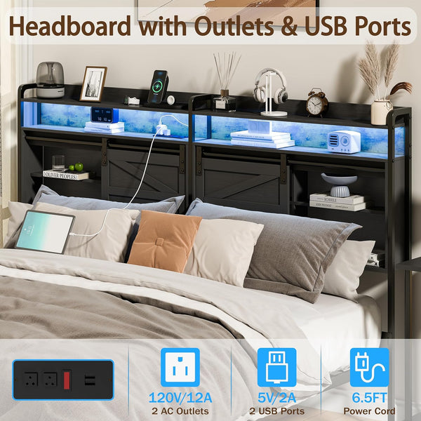 King Size Headboard with Storage, 3-Tier King Headboard with Outlets, USB Ports and LED Light, Storage King Size Headboard Only with Sliding Barn Doors, Width Adjustable