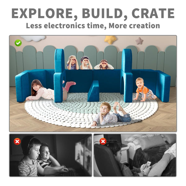 Wanan Kids Couch 13PCS, Modular Kids Play Couch for Playroom Bedroom, 13 in 1 Multifunctional Kid Sofa for Playing, Creativing, Sleeping, Indoor Toddler Couches for Boys and Girls