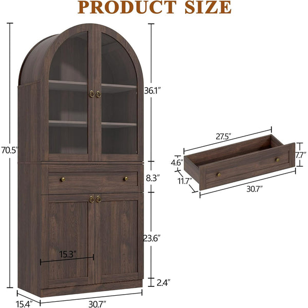 Akaber US 71" Tall Arched Kitchen Pantry Cabinet with Glass Doors, Modern Kitchen Storage Cabinets with Adjustable Shelves and Drawer, Wooden Storage Pantry Cabinet for Living Room, Dining Room
