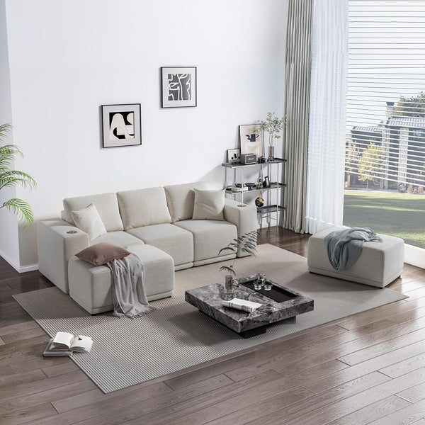 Akaber 130" Modular Sectional Sofa with L-Shape Chaise, 4-Seater Comfy Cloud Couch with Movable Ottoman, Deep Seat Couches for Living Room with Throw Pillows, Beige Grey
