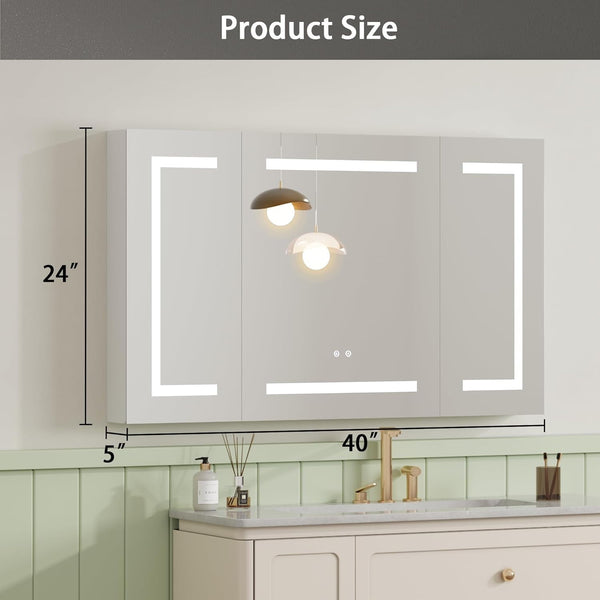 Medicine Cabinet with LED Mirror for Bathroom, 24''x40'' Aluminum, Wall Mounted Surface led Medicine Cabinet, Defog, Stepless Dimming, 3 Color Change, 2 Outlets, 2USB