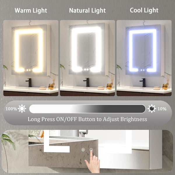 Medicine Cabinet with LED Mirror for Bathroom, 24''x30'' Aluminum, Wall Mounted Led Medicine Cabinet, Defog, Stepless Dimming, 3 Colors, 2 Outlets, 2USB