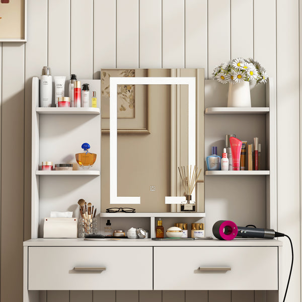 Makeup Vanity Desk with Lights and Mirror, 35.4" Modern White Vanity with 2 Drawers&Power Outlet, 3 Color Lighting Mode, Bedroom Vanity Desk for Women, Girls