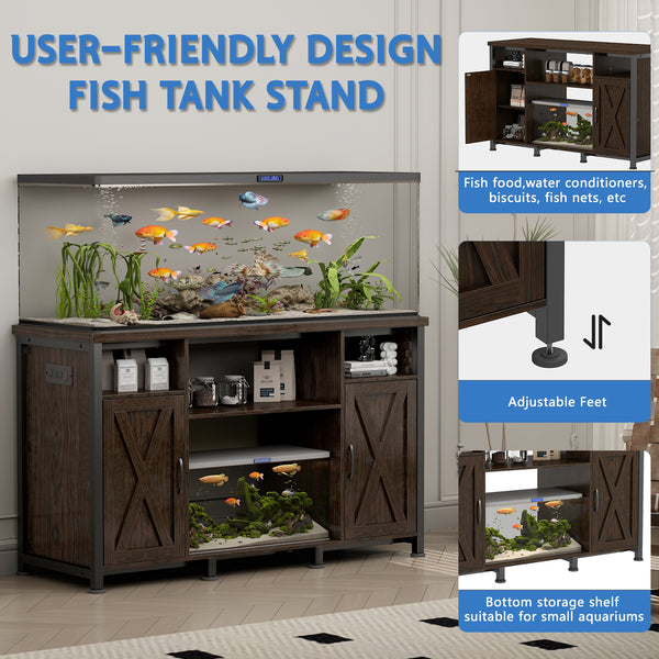 50-75 Gallon Aquarium Tank Stand with Power Outlets and Cabinet for Fish Tank Accessories Storage (Double door)