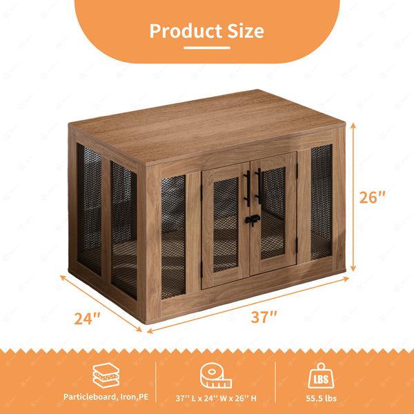 Wooden Dog Crate Furniture with Cushioned Tray and Double Doors - Stylish End Table for Small Dogs and Cats