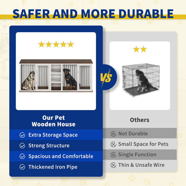 Large Dog Crate Furniture for 2 Dogs, 79.5'' Indoor Dog Kennel with Adjustable Shelves, All Steel Frame Heavy Duty Dog Crate with Wood Top, Double Dog Cage for Small Medium Large Dogs