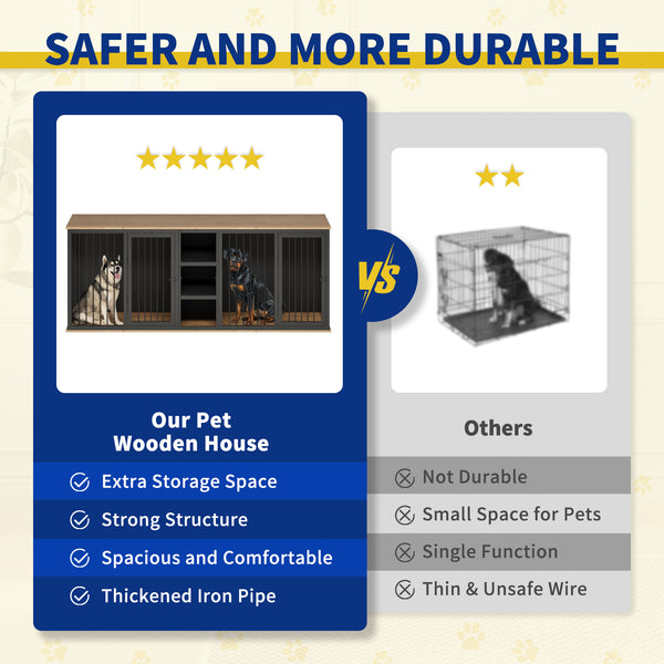 Large Dog Crate Furniture for 2 Dogs, 79.5'' Indoor Dog Kennel with Adjustable Shelves, All Steel Frame Heavy Duty Dog Crate with Wood Top, Double Dog Cage for Small Medium Large Dogs