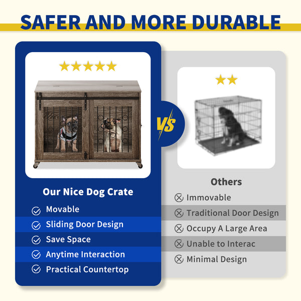 Stylish Dog Crate Furniture with Sliding Barn Door - 39'' Movable Crate with Wheels, Side Door, Detachable Divider, and Flip-Top Design for Small to Medium Dogs