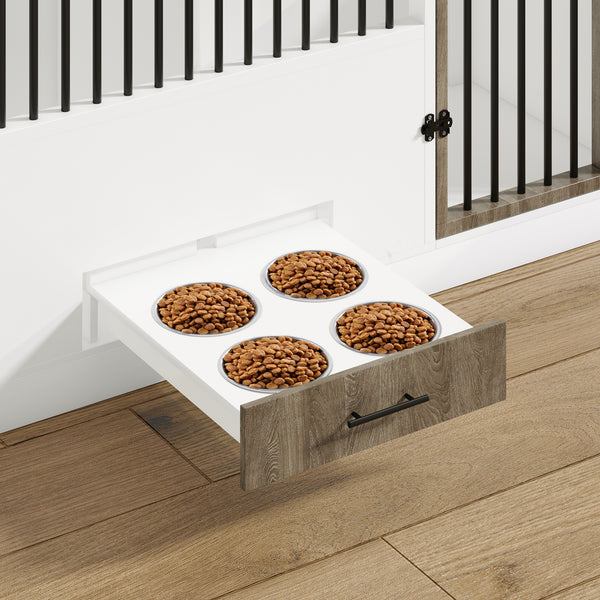 Dog Crate Furniture with 4 Stainless Steel Bowls, Wood Dog Crate End Table with Tray and Cushion, Double Dog Crate for 2 Dogs, Wooden Dog Cage Dog Kennel Indoor (Brown)