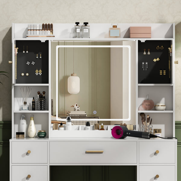 Makeup Vanity Desk with Lights and Mirror, 41.3" Modern White Vanity with 5 Drawers&Power Outlet, 3 Color Lighting Mode, Bedroom Vanity Desk for Women, Girls