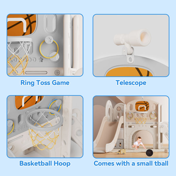 Toddler Slide, 8 in 1 Toddler Indoor Outdoor Playset with Slide, Climber, Basketball Hoop and Ball, Tunnel Crawl, Telescope and Storage Space, Kids Playground Sets for Backyards & Indoor