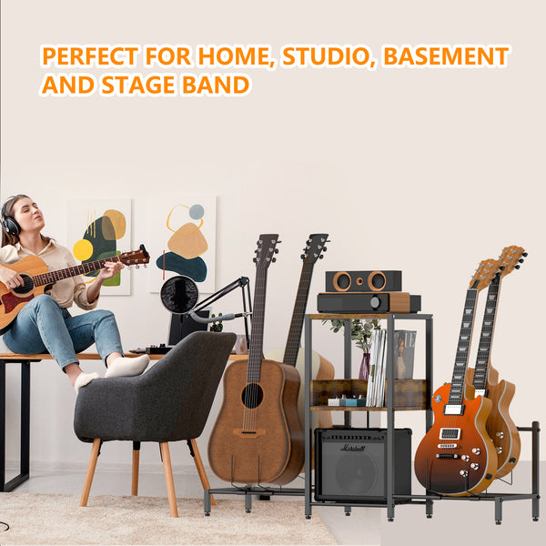 Guitar Stand for 4 Electric or Bass Guitars, Guitar Rack With 3-tier Storage Shelf (Antique Wood)