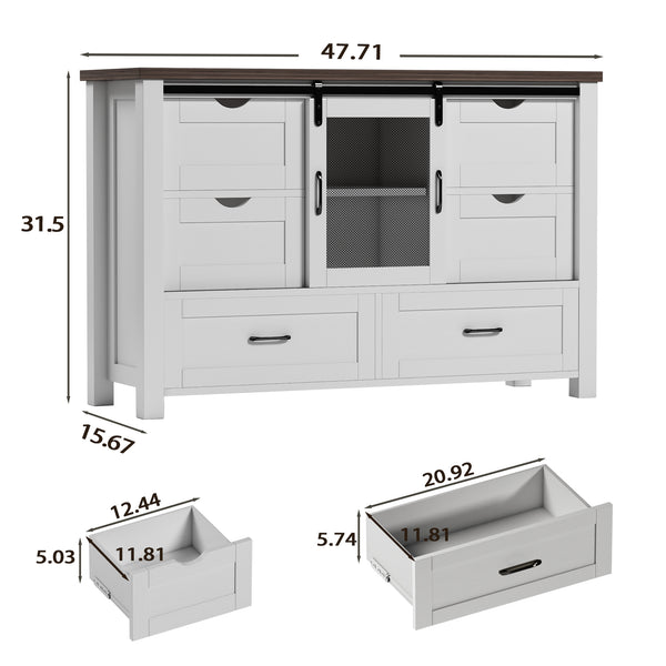 48" Farmhouse w/6 Drawers & Sliding Barn Doors, White Dressers& Chests of Drawers, 6 Drawer Dresser TV Stand for Bedroom, Living Room