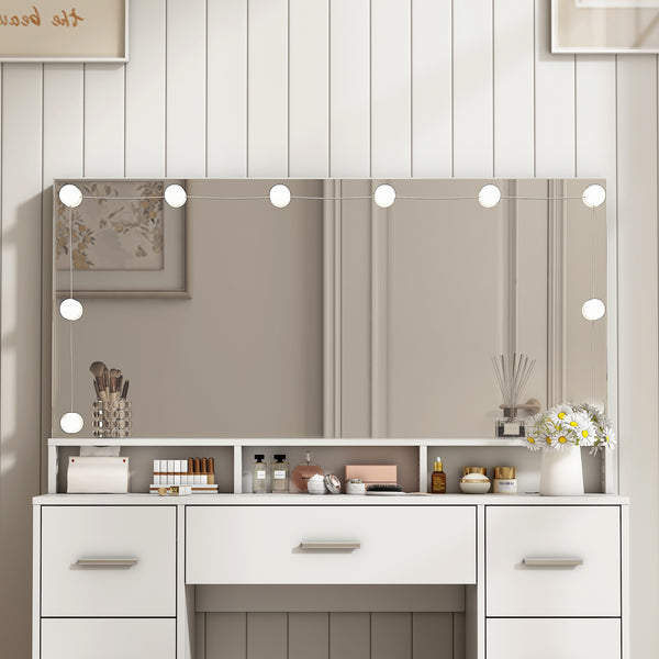 Makeup Vanity Desk with Lights and Mirror, 46.5'' White Vanity with 7 Drawers&Power Outlet, 3 Color Lighting Modes Adjustable Brightness, Bedroom Vanity Desk for Women, Girls