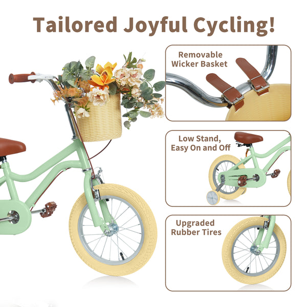 Kids Bike, 14 16 20 inch Girls Bike for 5-14 Girls with Training Wheels, Kickstand, Retro Design Kids' Bicycles with Basket, Girls Bicycle