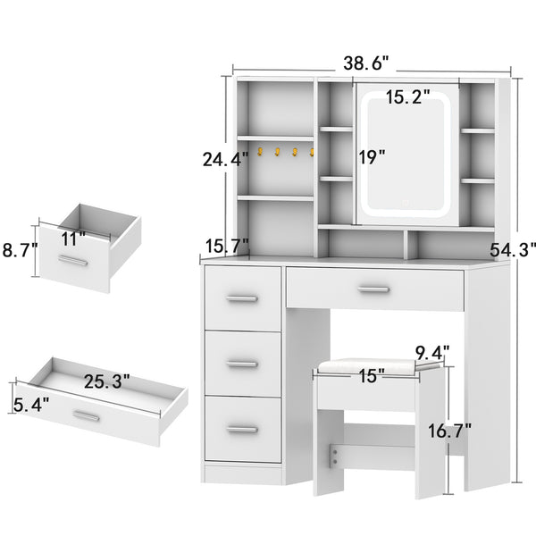 Makeup Vanity Desk with Lights and Mirror, 38.6" Modern White Vanity with 3 Drawers, 3 Color Lighting Mode, Bedroom Vanity Desk for Women, Girls