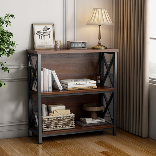 3-Tier Bookshelf, Farmhouse Small Bookshelf with X-Style Frame,FreeStanding Storage Bookcase for Entryway Living Room Home Office