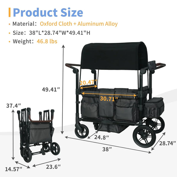 Wagon Stroller for 4 Kids, Linor Stroller Wagon 4 Seater Featuring 4 High Seat with Footwell, 5-Point Harnesses and Adjustable Canopy, Foldable Double Push Bar Baby Wagon for Camping