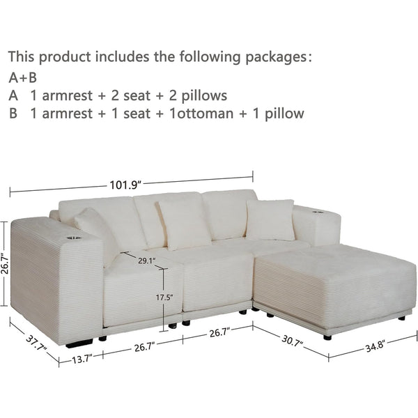 Akaber 101" Modular Sectional Sofa with L-Shape Chaise, 3-Seater Comfy Cloud Couch with Movable Ottoman, Deep Seat Couches for Living Room with Throw Pillows, Beige Grey