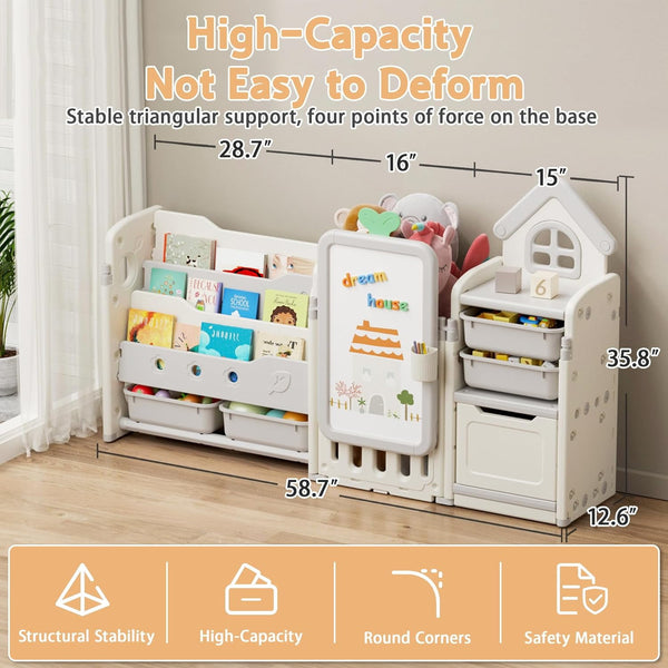 Kids Toy Storage Organizer with 10 Removable Bins, Foldable Toy Organizers and Storage with 3-Tier Bookshelf for Kids Toy Storage Organizer with Drawing Board