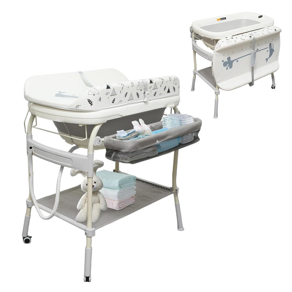 2 in 1 Bathtub with Changing Table, Waterproof Diaper Changing Station Portable Changing Table Adjustable Height Nursery Organizer with Storage Racks