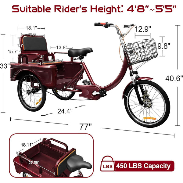 Pipleo Adult Tricycle, 20 Inch 3-Wheel Bikes Carrying Passengers and Cargo, Trike for Adults with Front Baskets for Women, Seniors, Men, Low Step-Through Cruiser Bike for Cycling, Outing, Picnic
