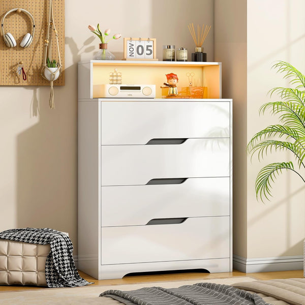 Akaber US 4 Drawer Dresser, 47.2" Modern Dresser and Chests of Drawers with LED Lights, Tall Chest of Drawers with Charging Station for Bedroom, Living Room