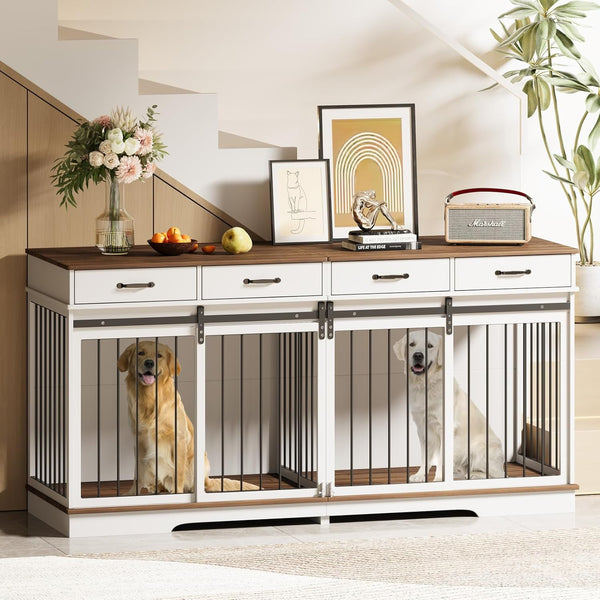 71" Extra Large Dog Crate Furniture, ICEELF Steel Frame Dog Crates with 4 Drawers, Divider, Sliding Barn Door for Small Medium Large Dogs, Indoor Luxury Double Dog Kennel Furniture for 2 Dogs