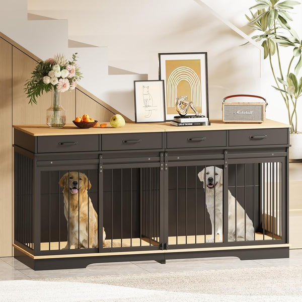 71" Extra Large Dog Crate Furniture, ICEELF Steel Frame Dog Crates with 4 Drawers, Divider, Sliding Barn Door for Small Medium Large Dogs, Indoor Luxury Double Dog Kennel Furniture for 2 Dogs