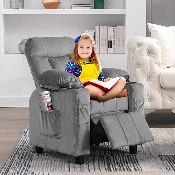 Kids Recliner, Toddlers Kids Recliner Chair with Cup Holder, Ergonomic Adjustable Velvet Lounge Chair with Footrest & Side Pockets, Toddlers Kids Baby Sofa for Boys and Girls Bedroom