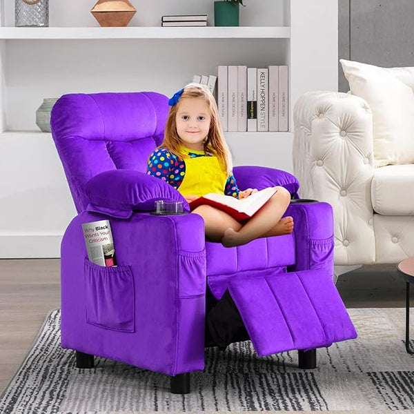 Kids Recliner, Toddlers Kids Recliner Chair with Cup Holder, Ergonomic Adjustable Velvet Lounge Chair with Footrest & Side Pockets, Toddlers Kids Baby Sofa for Boys and Girls Bedroom