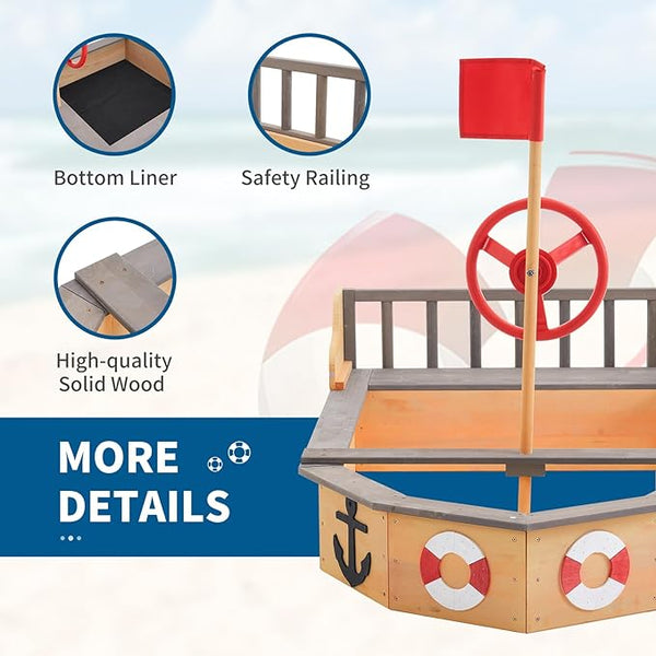 Wooden Sandbox, Pirate Ship Kids Large Wooden Sand Box with Red Flag, Rudder, Lifebuoy Decoration, Anchor Sign, Storage Deck, Bench Seats, Sand Pit for Beach Patio Outdoor
