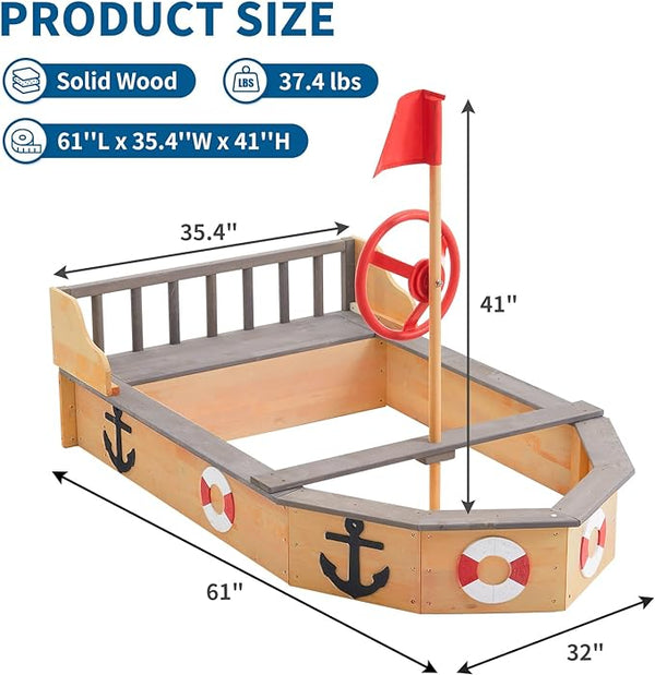 Wooden Sandbox, Pirate Ship Kids Large Wooden Sand Box with Red Flag, Rudder, Lifebuoy Decoration, Anchor Sign, Storage Deck, Bench Seats, Sand Pit for Beach Patio Outdoor