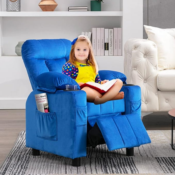 Kids Recliner, Toddlers Kids Recliner Chair with Cup Holder, Ergonomic Adjustable Velvet Lounge Chair with Footrest & Side Pockets, Toddlers Kids Baby Sofa for Boys and Girls Bedroom