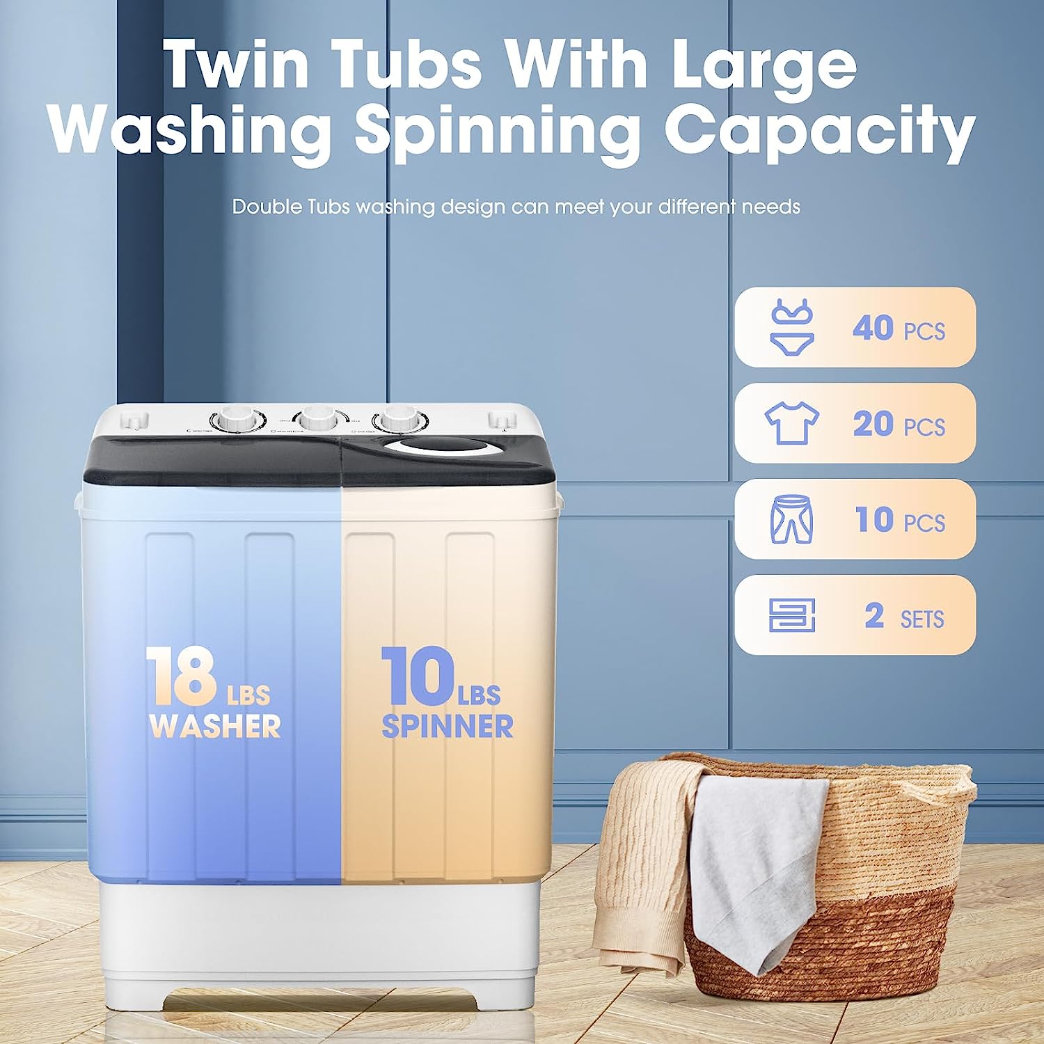 2 in 1 Portable Washing Machine, Twin Tub Compact Washer 28lbs Capacity, Washer and Spinner Dryer