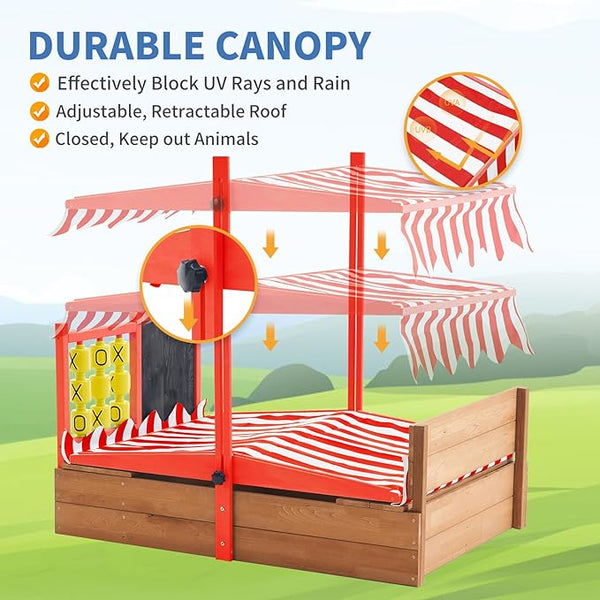 Sandbox with Canopy, 47.2'' Kids Large Wooden Sand Box with Tic-Tac-Toe, Liner, Drawing Board, Sink, Adjustable Roof, Sand Boxes for Backyard Garden, Sand Pit for Beach Patio Outdoor
