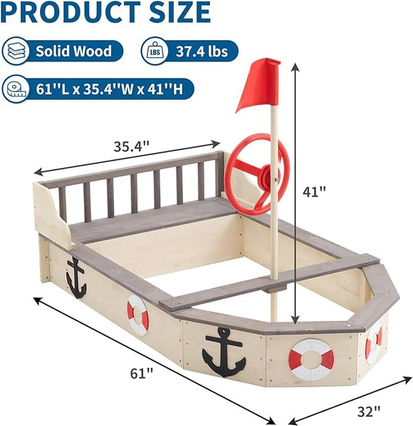 Wooden Sandbox, Pirate Ship Kids Large Wooden Sand Box with Red Flag, Rudder, Lifebuoy Decoration, Anchor Sign, Storage Deck, Bench Seats, Sand Pit for Beach Patio Outdoor