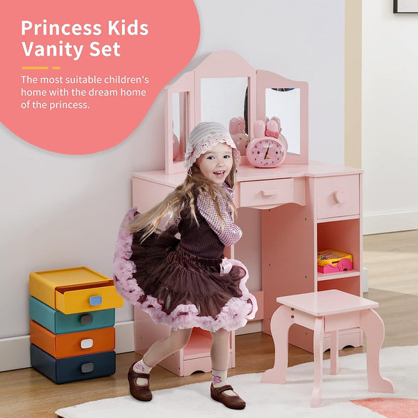 Kids Vanity, Girls Vanity Set with Mirror and Stool, Kids Vanity Set with Mirror Age 4-9, Toddler Vanity (Pink)