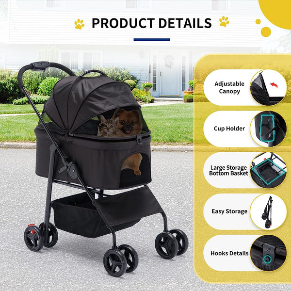 3 In 1 Folding Pet Stroller Black, Multifunction Pet Storage Basket Dog Stroller, Lightweight Dog Carrier with Adjustable Cover