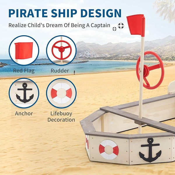 Wooden Sandbox, Pirate Ship Kids Large Wooden Sand Box with Red Flag, Rudder, Lifebuoy Decoration, Anchor Sign, Storage Deck, Bench Seats, Sand Pit for Beach Patio Outdoor