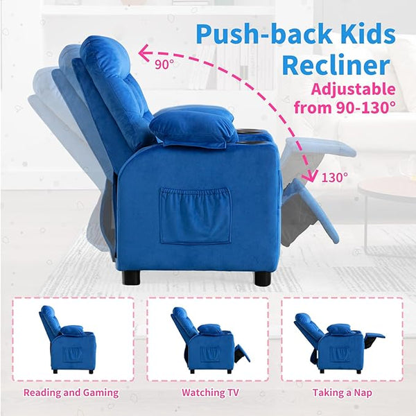 Kids Recliner, Toddlers Kids Recliner Chair with Cup Holder, Ergonomic Adjustable Velvet Lounge Chair with Footrest & Side Pockets, Toddlers Kids Baby Sofa for Boys and Girls Bedroom