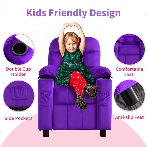 Kids Recliner, Toddlers Kids Recliner Chair with Cup Holder, Ergonomic Adjustable Velvet Lounge Chair with Footrest & Side Pockets, Toddlers Kids Baby Sofa for Boys and Girls Bedroom