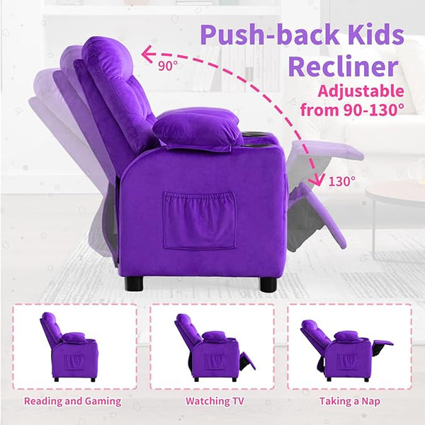 Kids Recliner, Toddlers Kids Recliner Chair with Cup Holder, Ergonomic Adjustable Velvet Lounge Chair with Footrest & Side Pockets, Toddlers Kids Baby Sofa for Boys and Girls Bedroom
