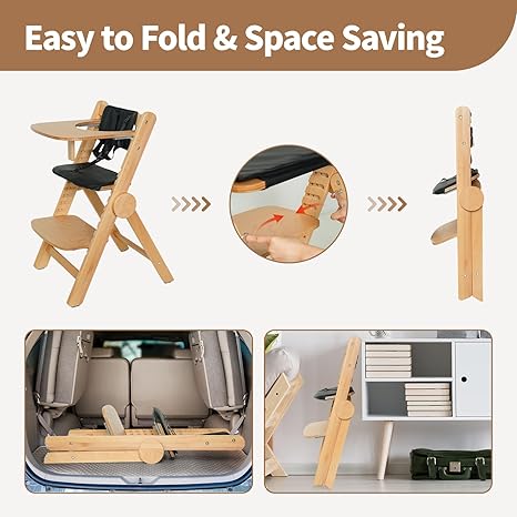 Wooden High Chair for Babies and Toddlers, Adjustable High and Width Baby High Chair, Easy Folding High Chair with Removable Wood Tray, Water Resistant Cushion